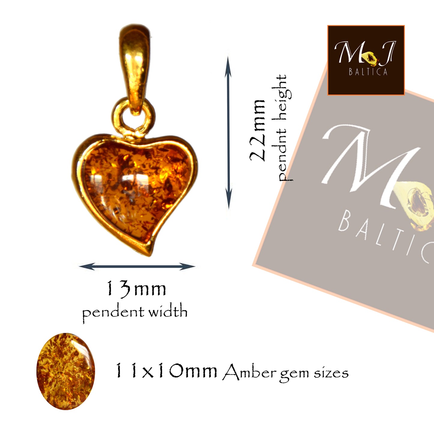 Romantic natural cognac amber heart pendant with 18k Gold plated Silver, MJ Baltica, BZW054