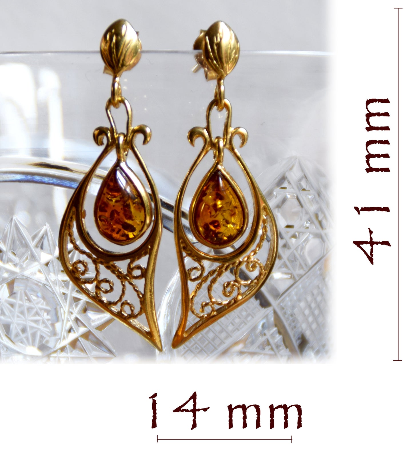 MJ Baltica, orecchini, Ambra naturale Baltica, Argento 925, placcato Oro 18k, filigrana, artigianale BZK024