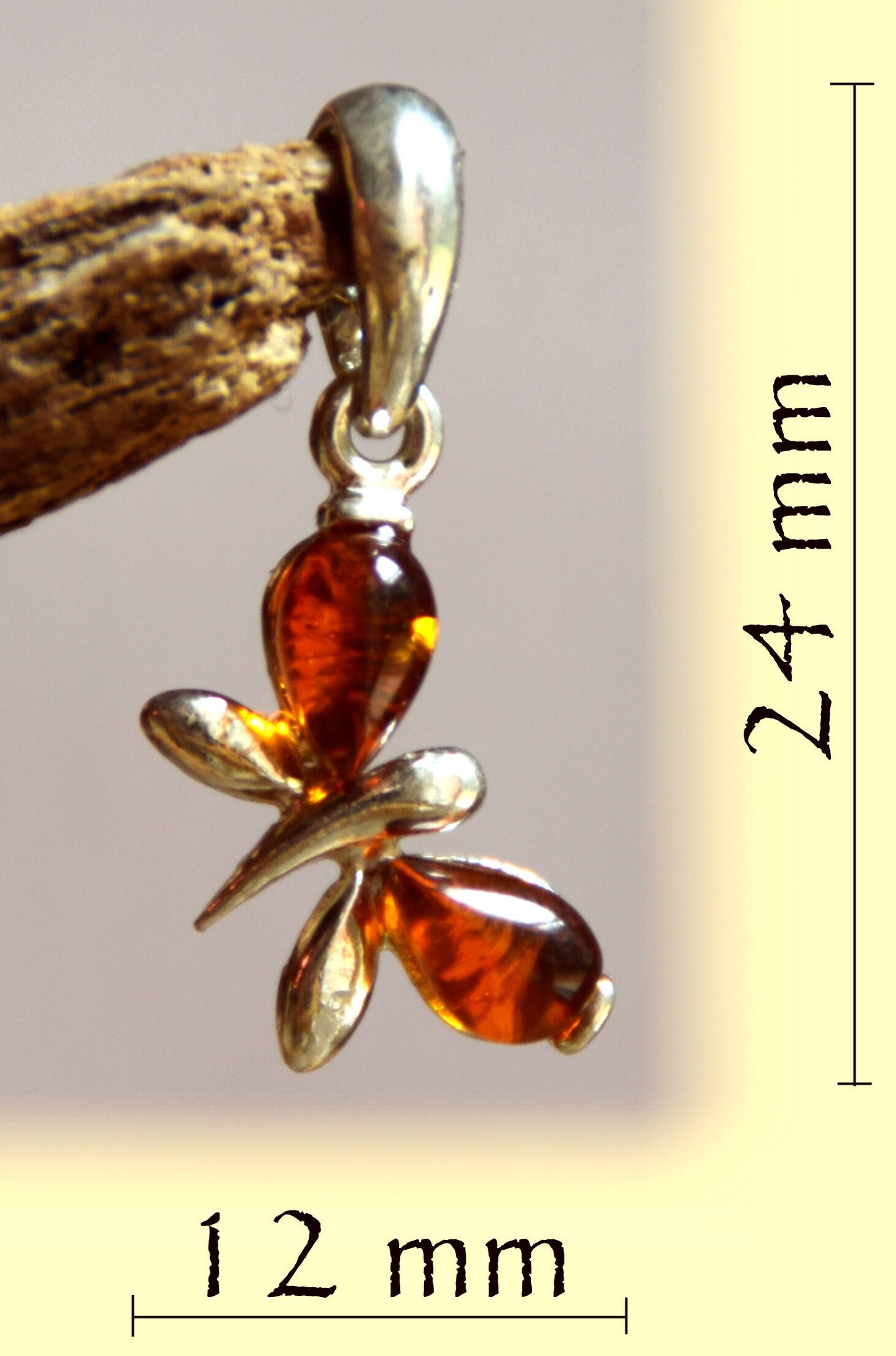 Delicate butterfly pendant in cognac natural amber and 925 silver, MJ Baltica, BW038