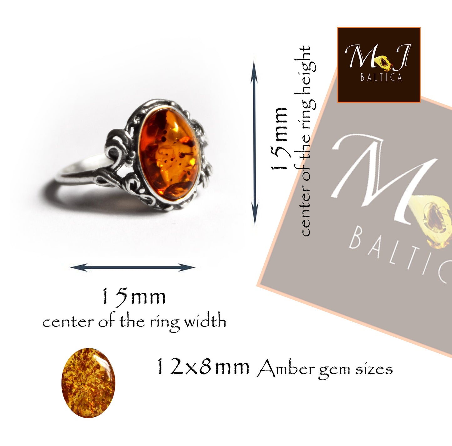 Classico anello in stile vintage con Ambra naturale color cognac e Argento 925, MJ Baltica, BP059