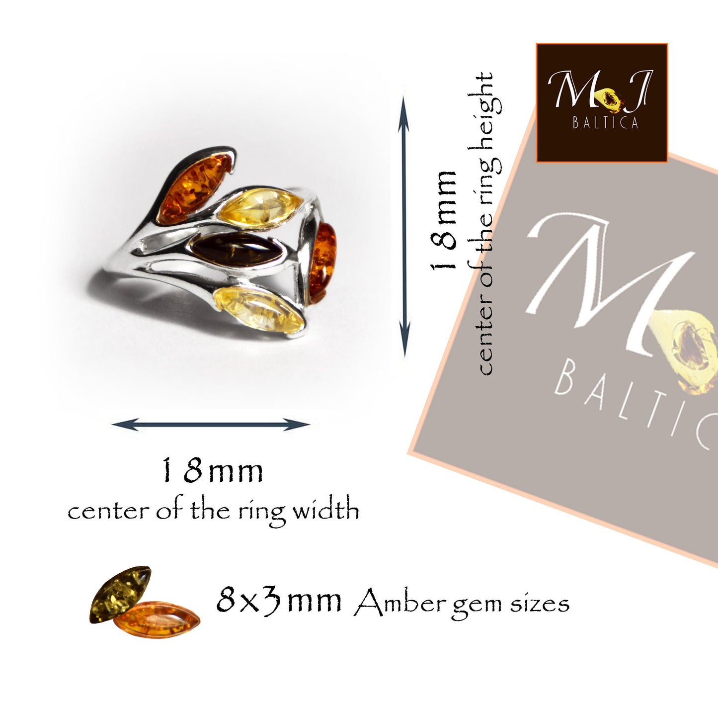 Elegante anello a fascia in Ambra naturale di varie tonalità e Argento 925, MJ Baltica, BP061