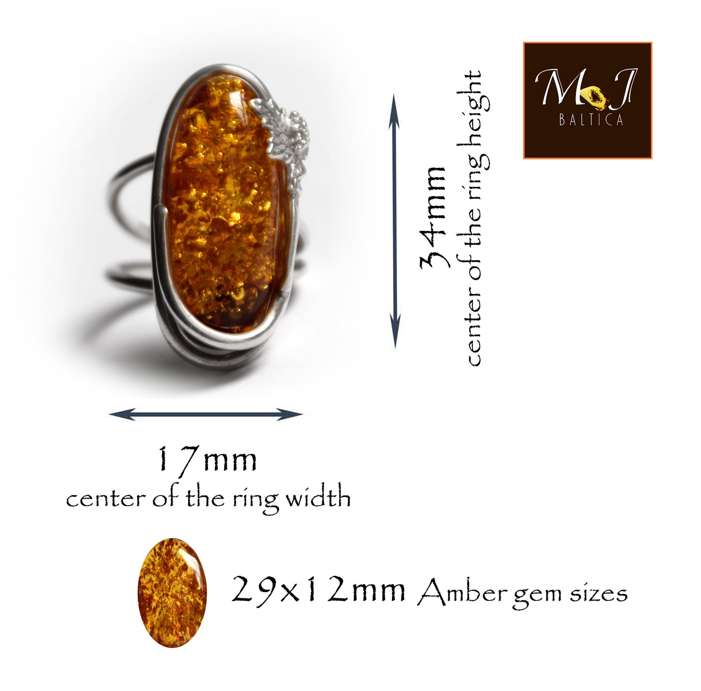 Important adjustable vintage style ring made of natural cognac colored Amber and 925 Sterling Silver, MJ Baltica, BP020