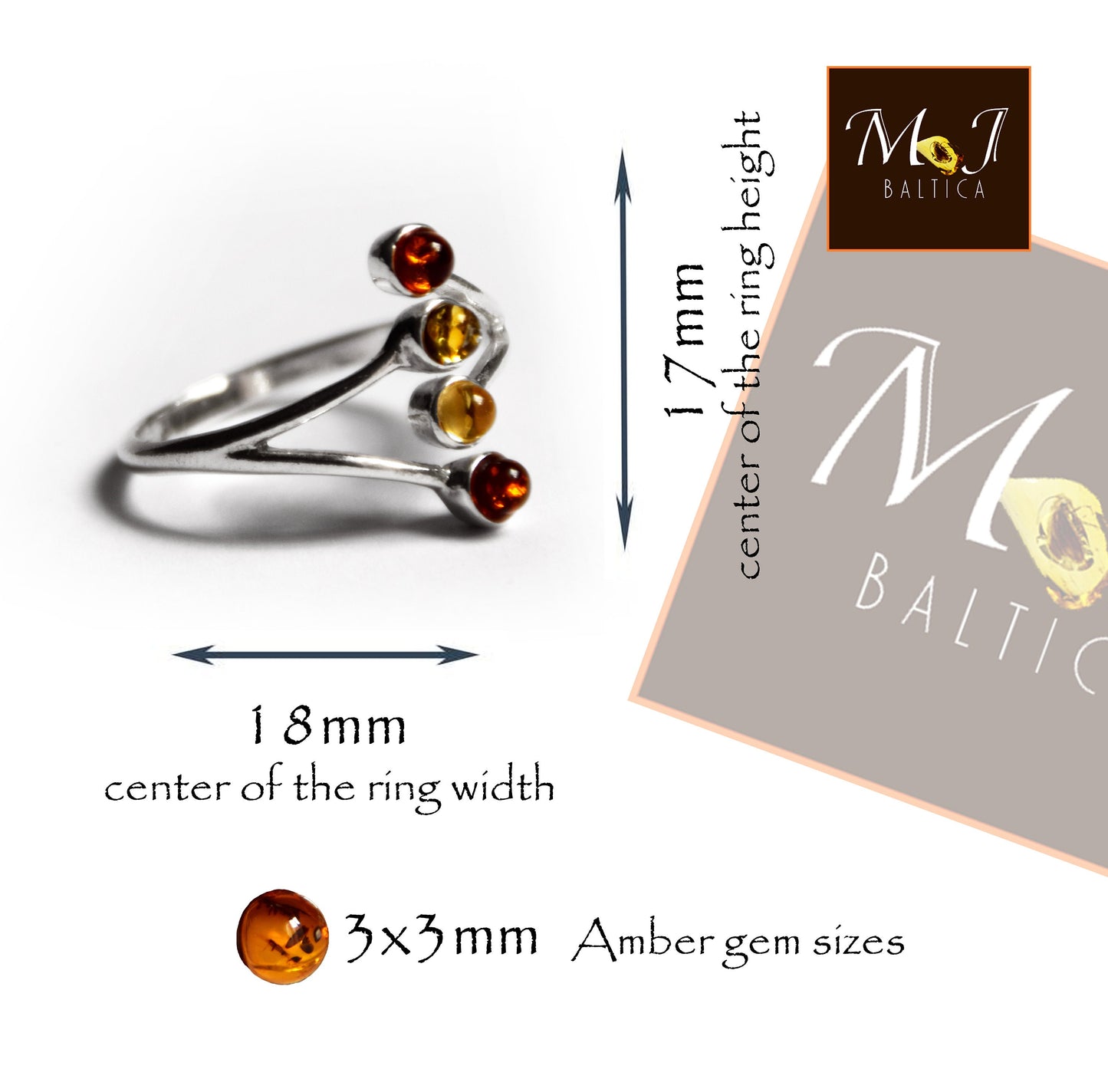Bright adjustable ring made with natural Amber of various shades and 925 Silver, MJ Baltica, BP056