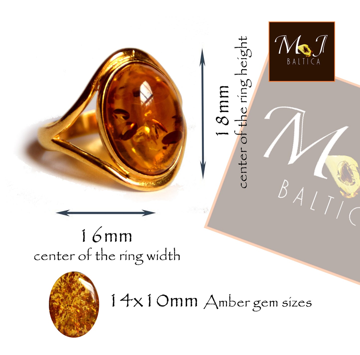 Eleganter Ring im minimalistischen Stil, gefertigt aus cognacfarbenem Naturbernstein und 18 Karat vergoldetem Silber, MJ Baltica, BZP012