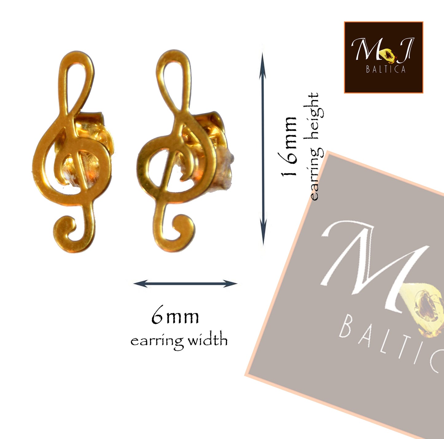 MJ Baltica, orecchini, Argento925, placcato in Oro 14k, chiave del violino, chiave di sol, artigianale, SZK005