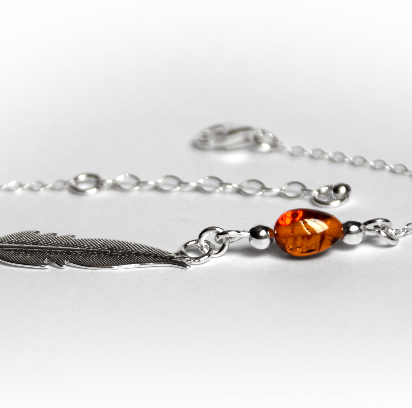 MJ Baltica, bracelet, natural Baltic amber, 925 silver, feather, delicate, elegant, BB005