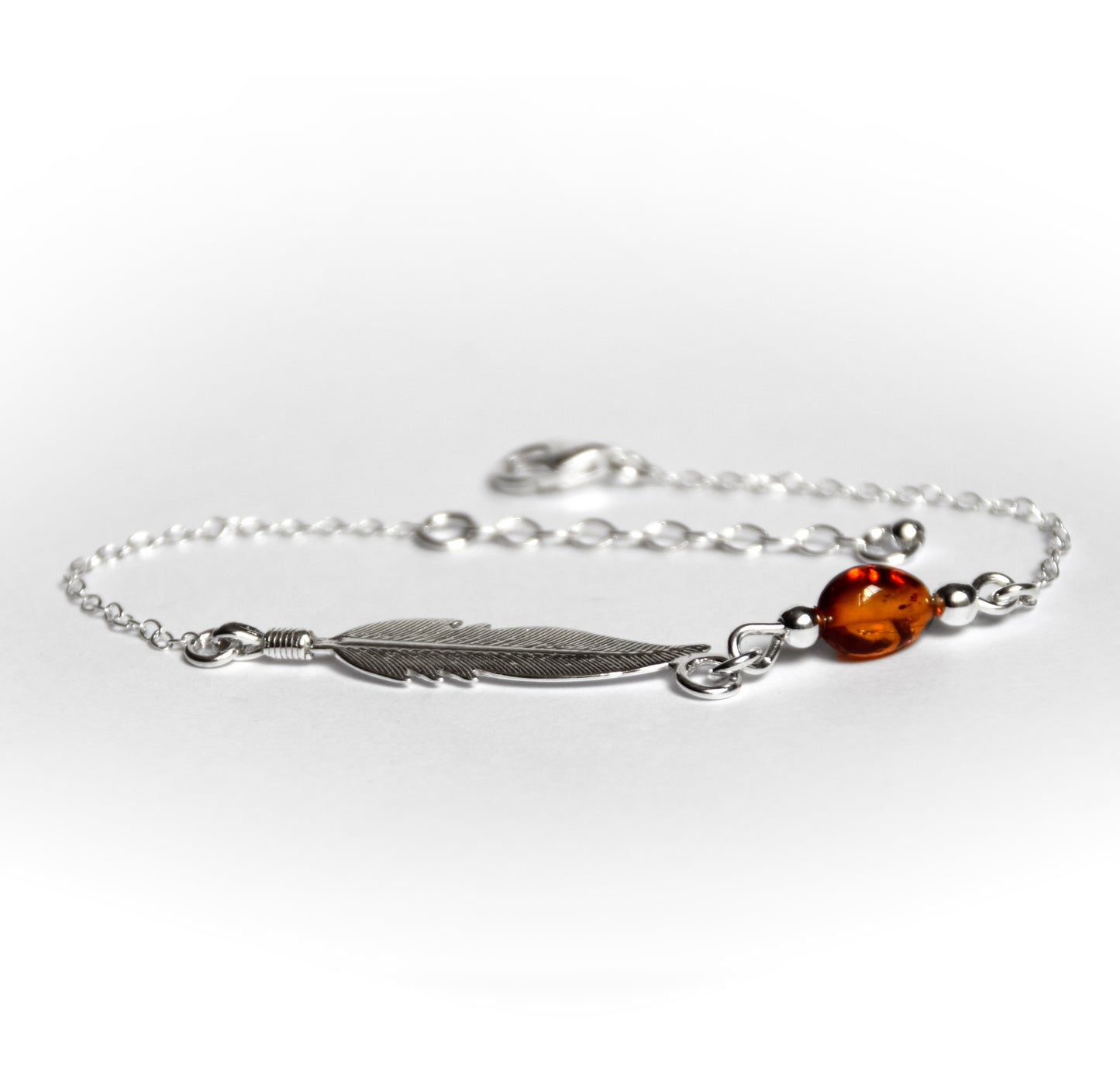 MJ Baltica, bracelet, natural Baltic amber, 925 silver, feather, delicate, elegant, BB005