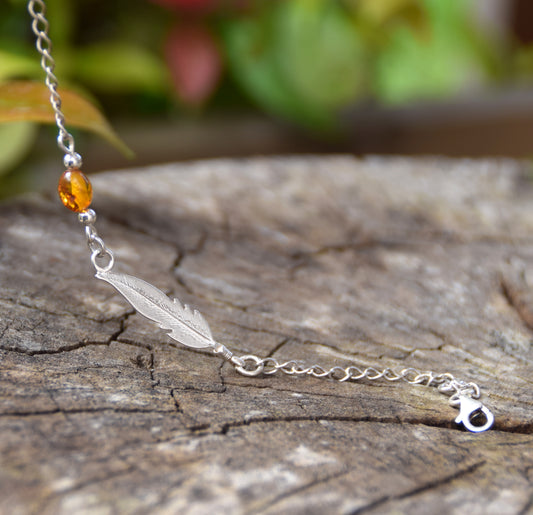 Delicate bracelet with a luminous cognac-colored natural amber feather and 925 Sterling Silver, MJ Baltica, BB005
