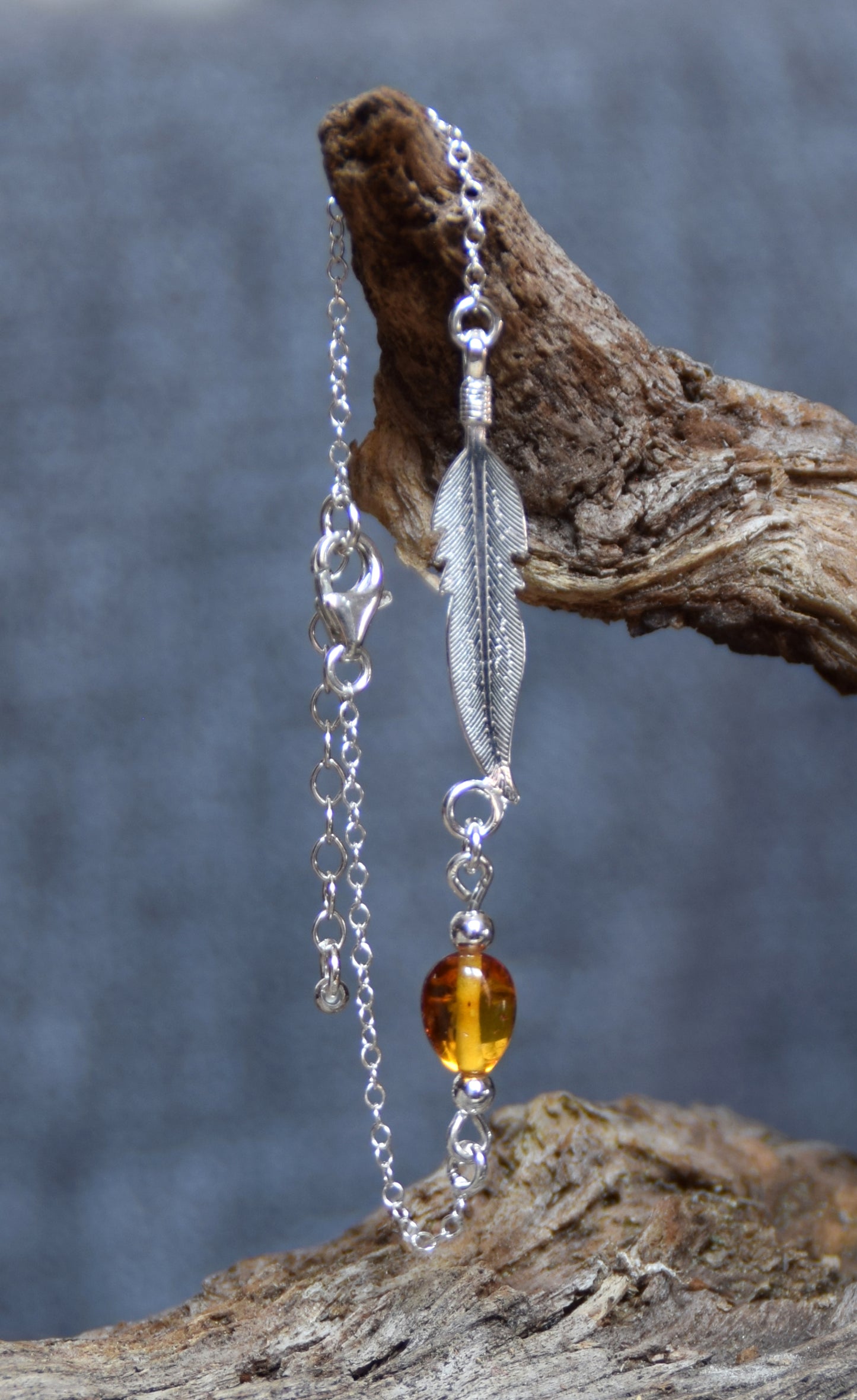 MJ Baltica, bracelet, natural Baltic amber, 925 silver, feather, delicate, elegant, BB005