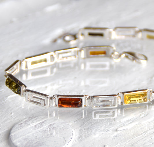 Elegant linear bracelet in various shades of natural Amber and 925 Silver, MJ Baltica, BB010