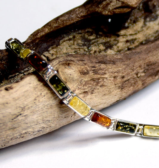 Elegant linear bracelet in natural Amber of various shades and 925 Silver, MJ Baltica, BB011