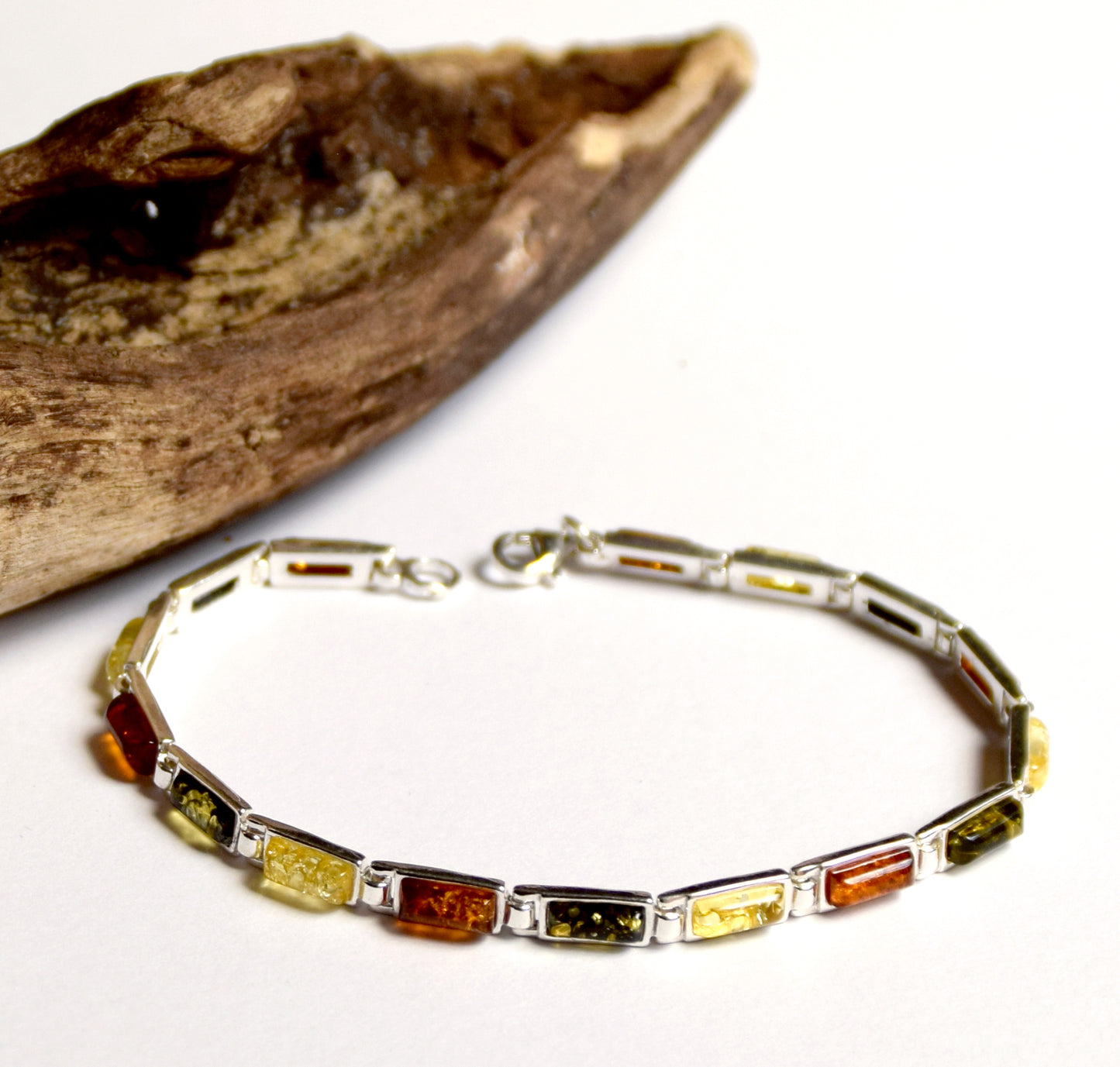 Elegant linear bracelet in natural Amber of various shades and 925 Silver, MJ Baltica, BB011