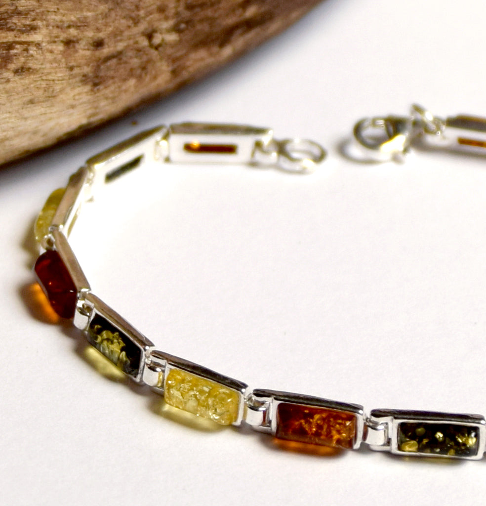 Elegant linear bracelet in natural Amber of various shades and 925 Silver, MJ Baltica, BB011