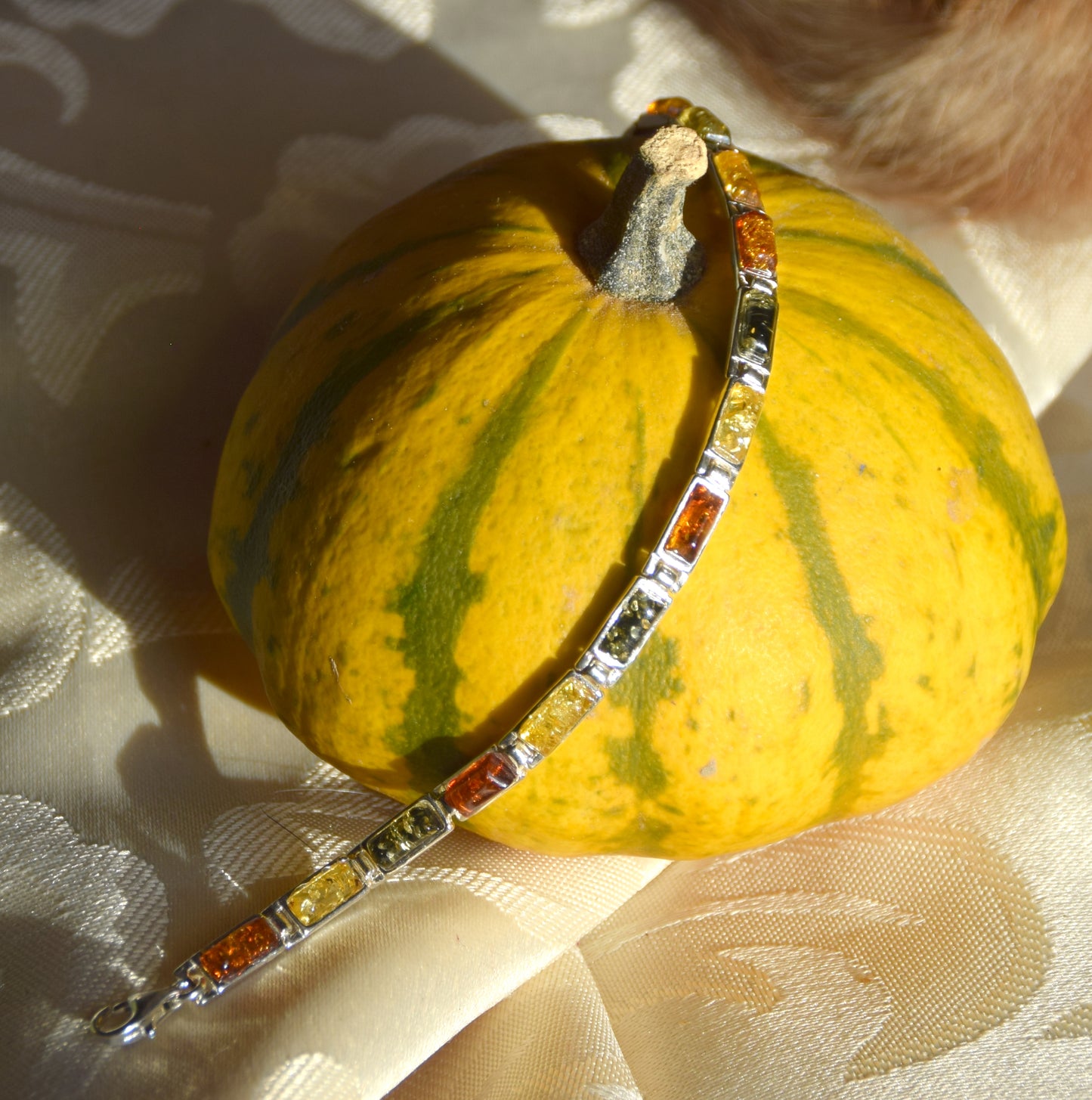 Elegant linear bracelet in natural Amber of various shades and 925 Silver, MJ Baltica, BB011