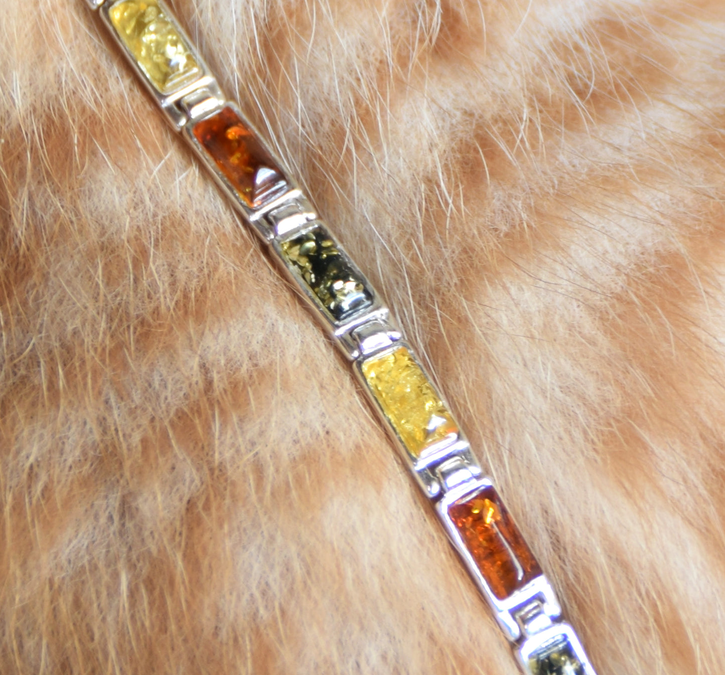 Elegant linear bracelet in natural Amber of various shades and 925 Silver, MJ Baltica, BB011