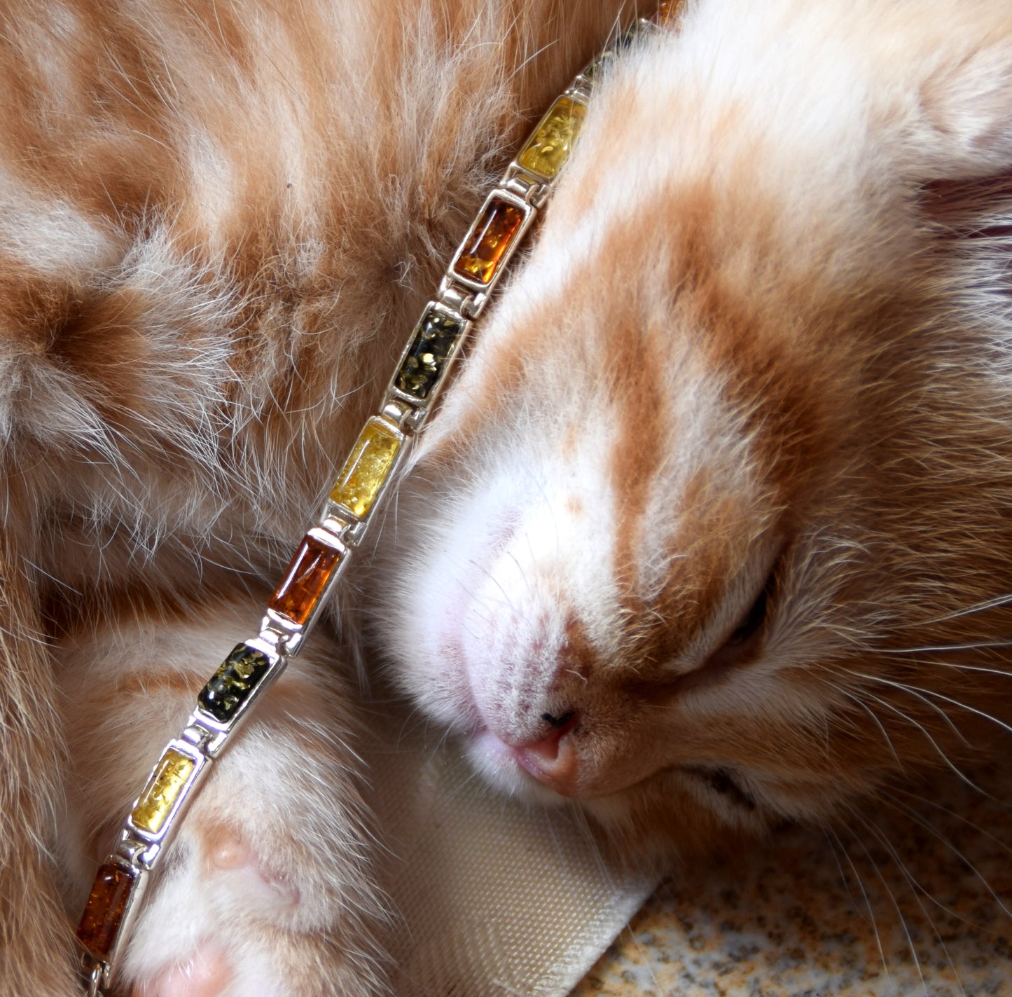 Elegant linear bracelet in natural Amber of various shades and 925 Silver, MJ Baltica, BB011
