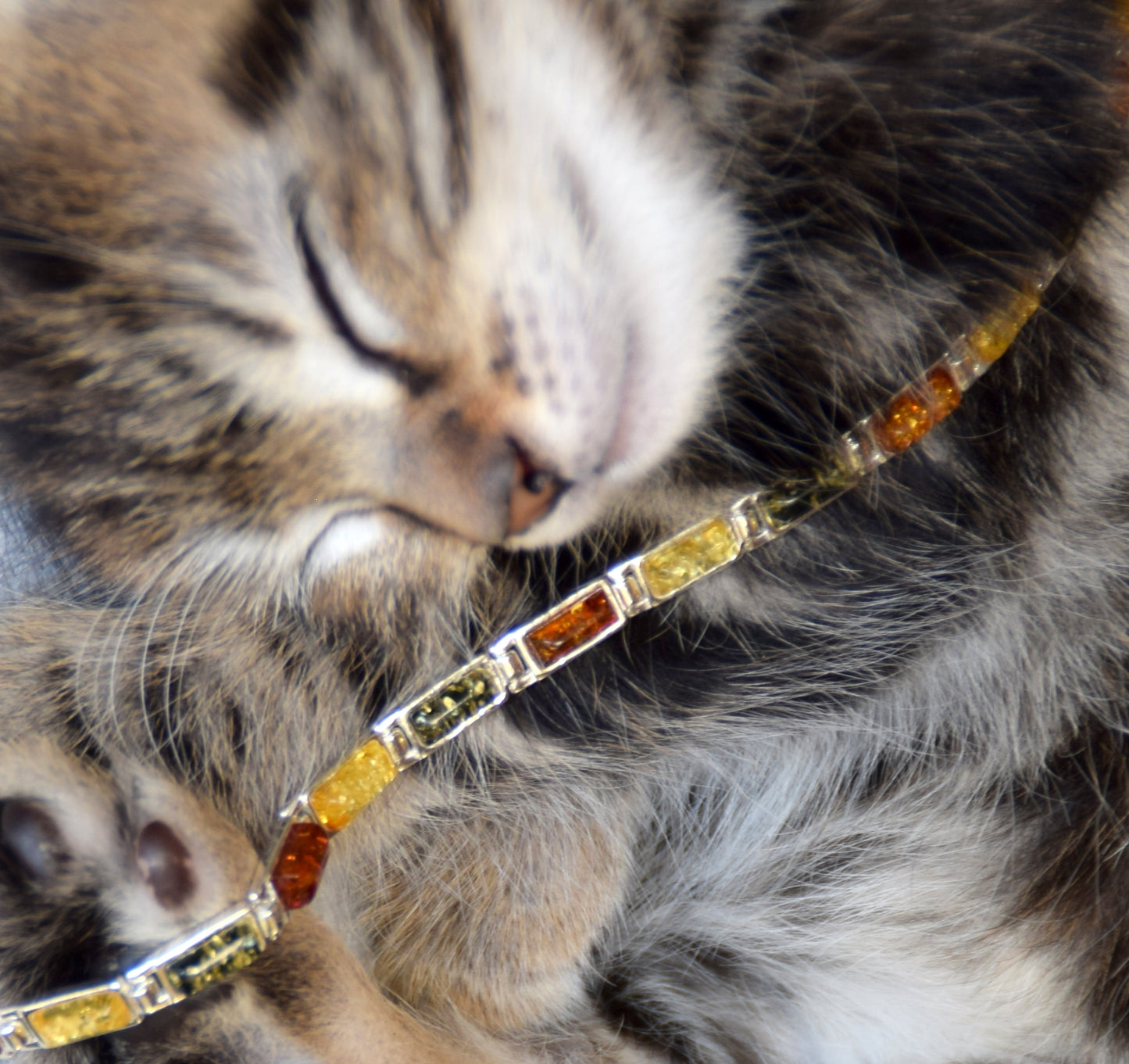 Elegant linear bracelet in natural Amber of various shades and 925 Silver, MJ Baltica, BB011
