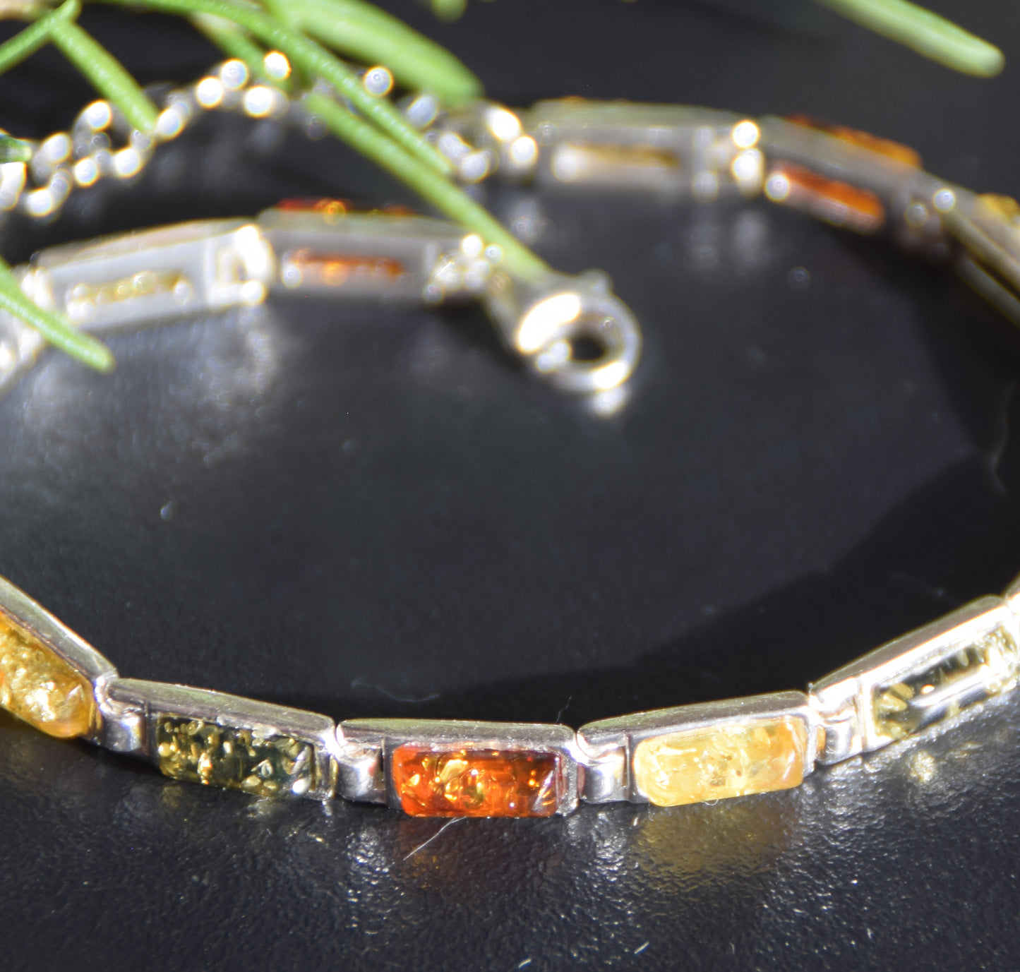 Elegant linear bracelet in natural Amber of various shades and 925 Silver, MJ Baltica, BB011