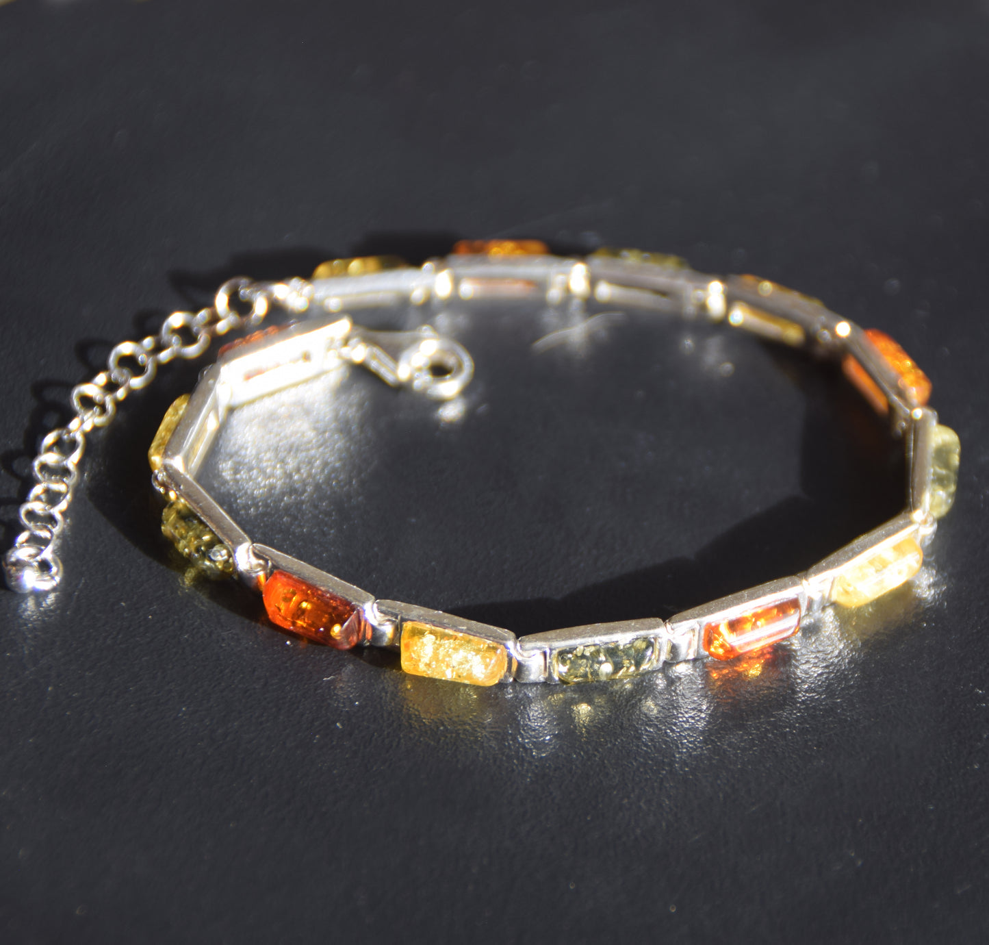 Elegant linear bracelet in natural Amber of various shades and 925 Silver, MJ Baltica, BB011