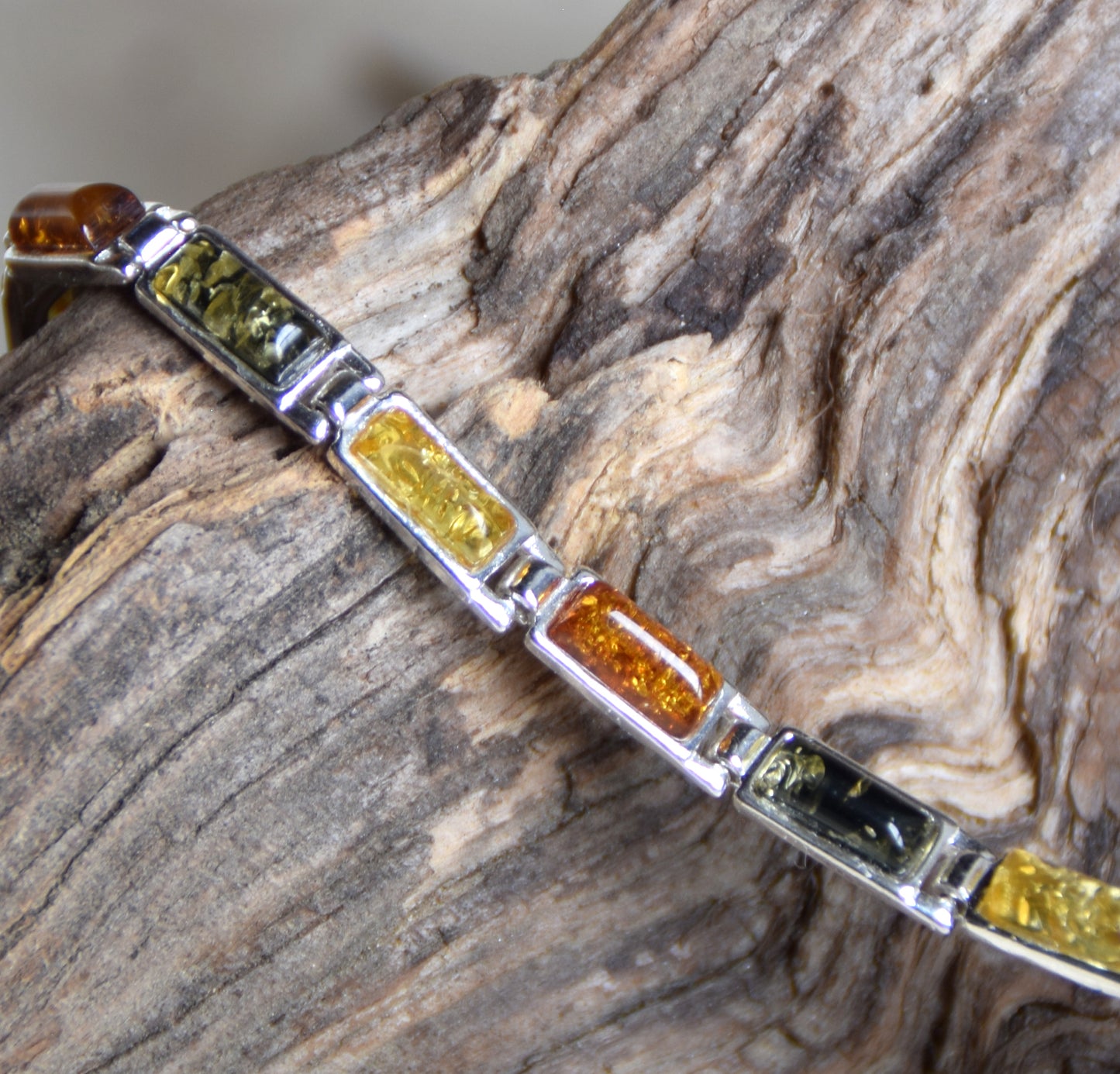 Elegant linear bracelet in natural Amber of various shades and 925 Silver, MJ Baltica, BB011