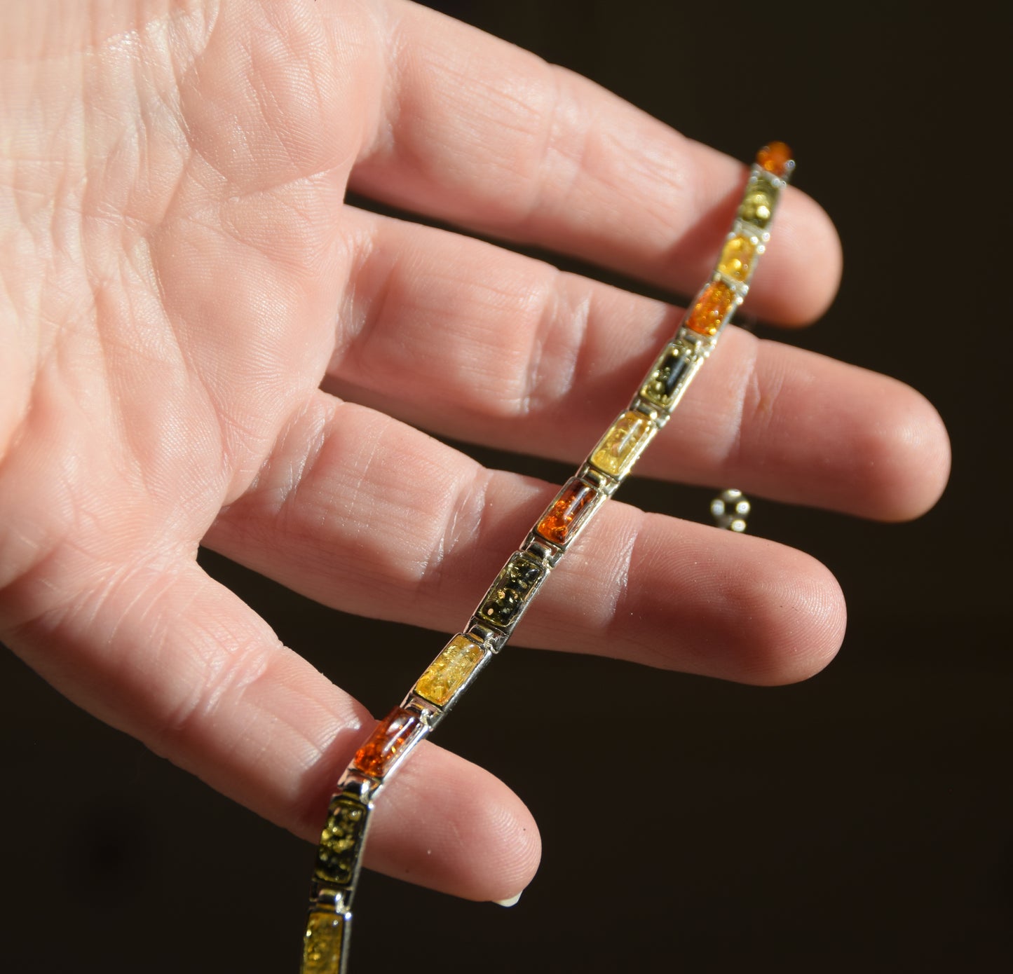 Elegant linear bracelet in natural Amber of various shades and 925 Silver, MJ Baltica, BB011