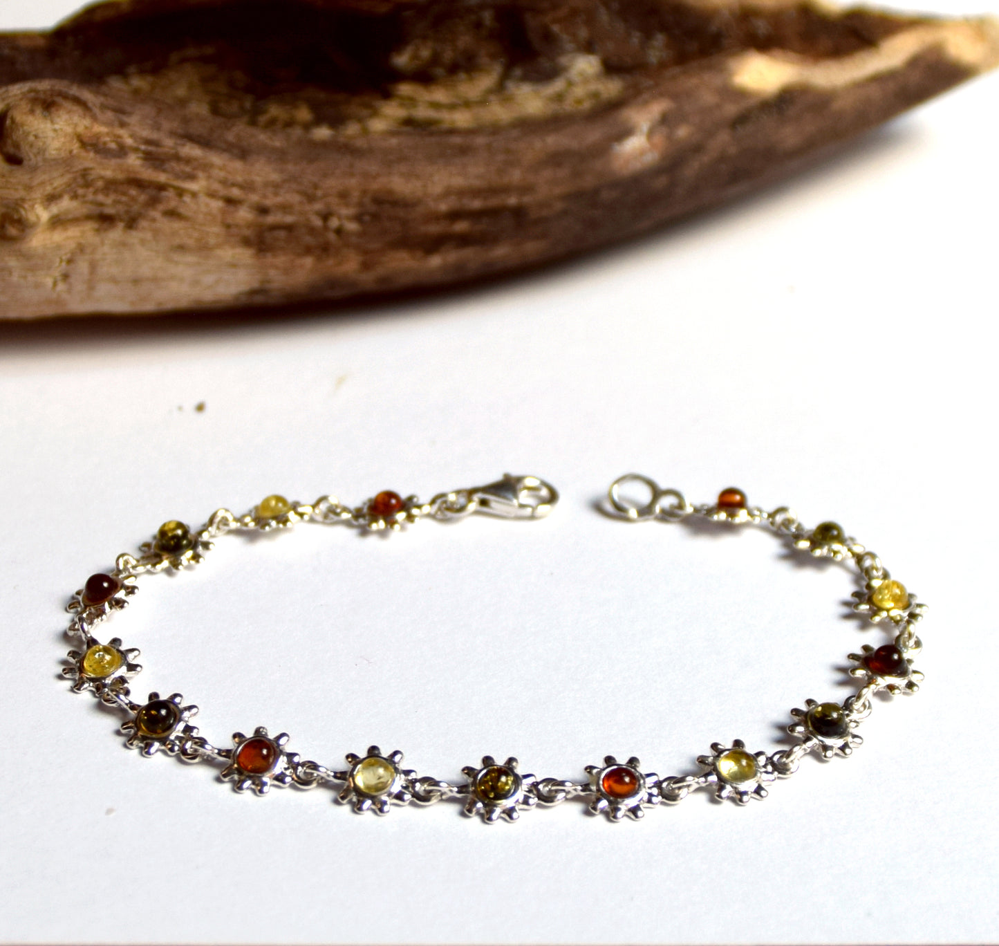 MJ Baltica bracelet Natural Amber 925 Silver, flower, multi color, delicious BB015