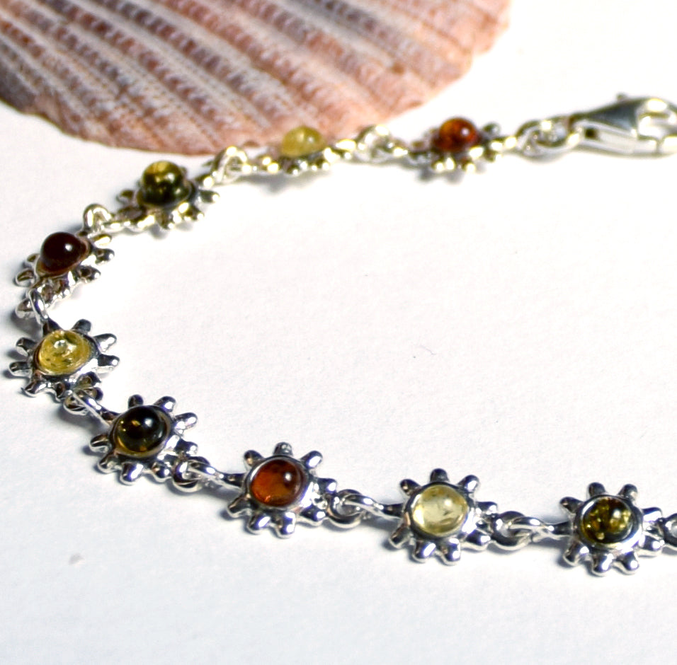 MJ Baltica bracelet Natural Amber 925 Silver, flower, multi color, delicious BB015