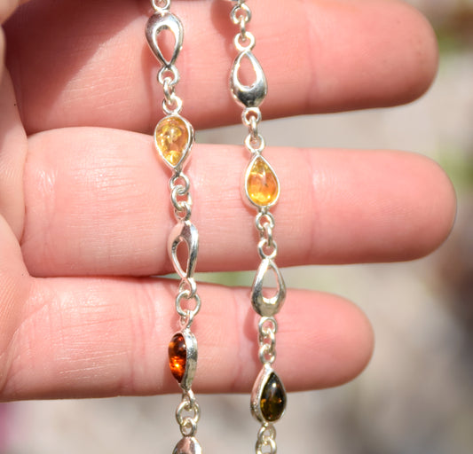 Luminous adjustable bracelet created with natural Amber of various shades and 925 Silver, MJ Baltica, BB022