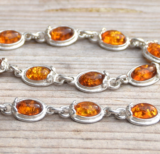 Elegante bracciale stile vintage in Ambra naturale color cognac e Argento 925, MJ Baltica, BB026