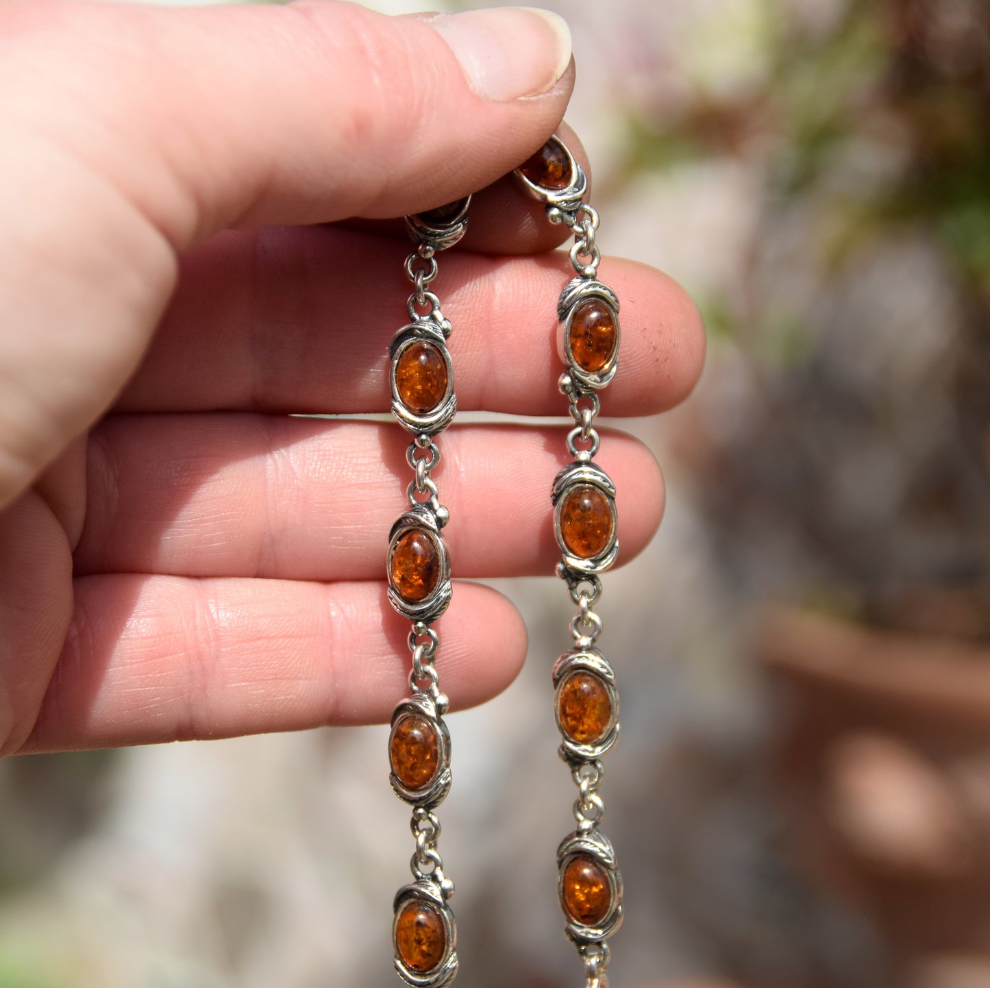 Elegante bracciale stile vintage in Ambra naturale color cognac e Argento 925, MJ Baltica, BB027