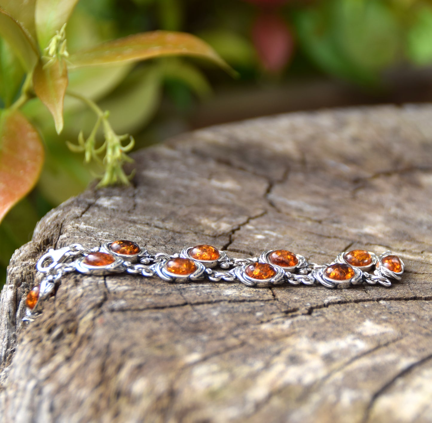 Elegante bracciale stile vintage in Ambra naturale color cognac e Argento 925, MJ Baltica, BB027
