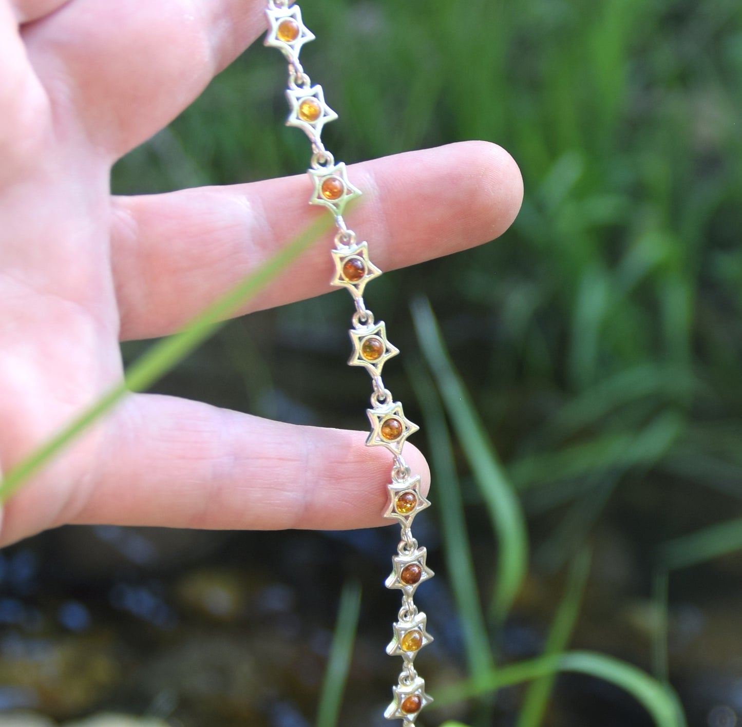 MJ Baltica, bracelet, natural Baltic amber, 925 silver, bright, elegant, handcrafted, cognac, stars, BB036