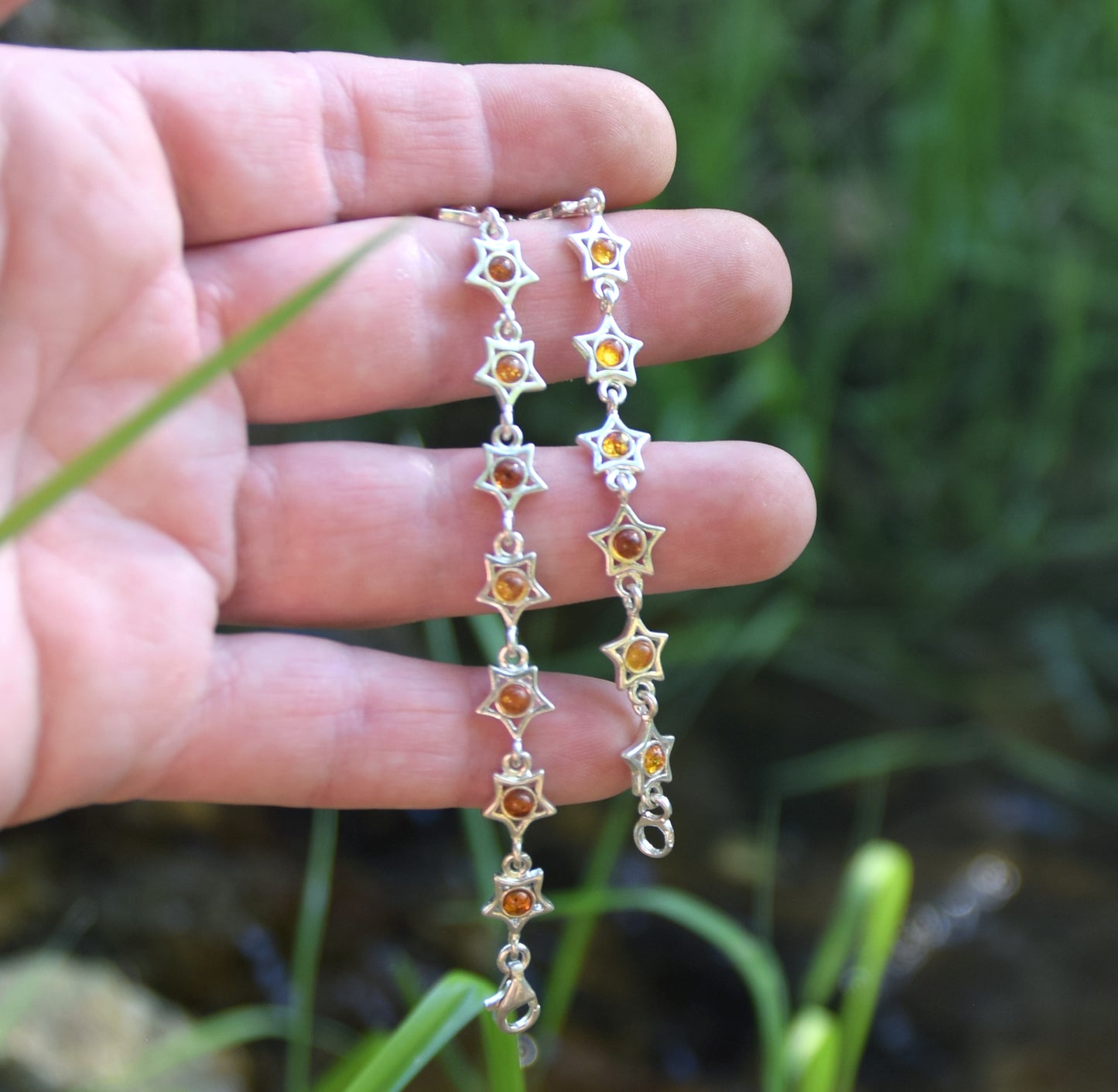 MJ Baltica, bracelet, natural Baltic amber, 925 silver, bright, elegant, handcrafted, cognac, stars, BB036