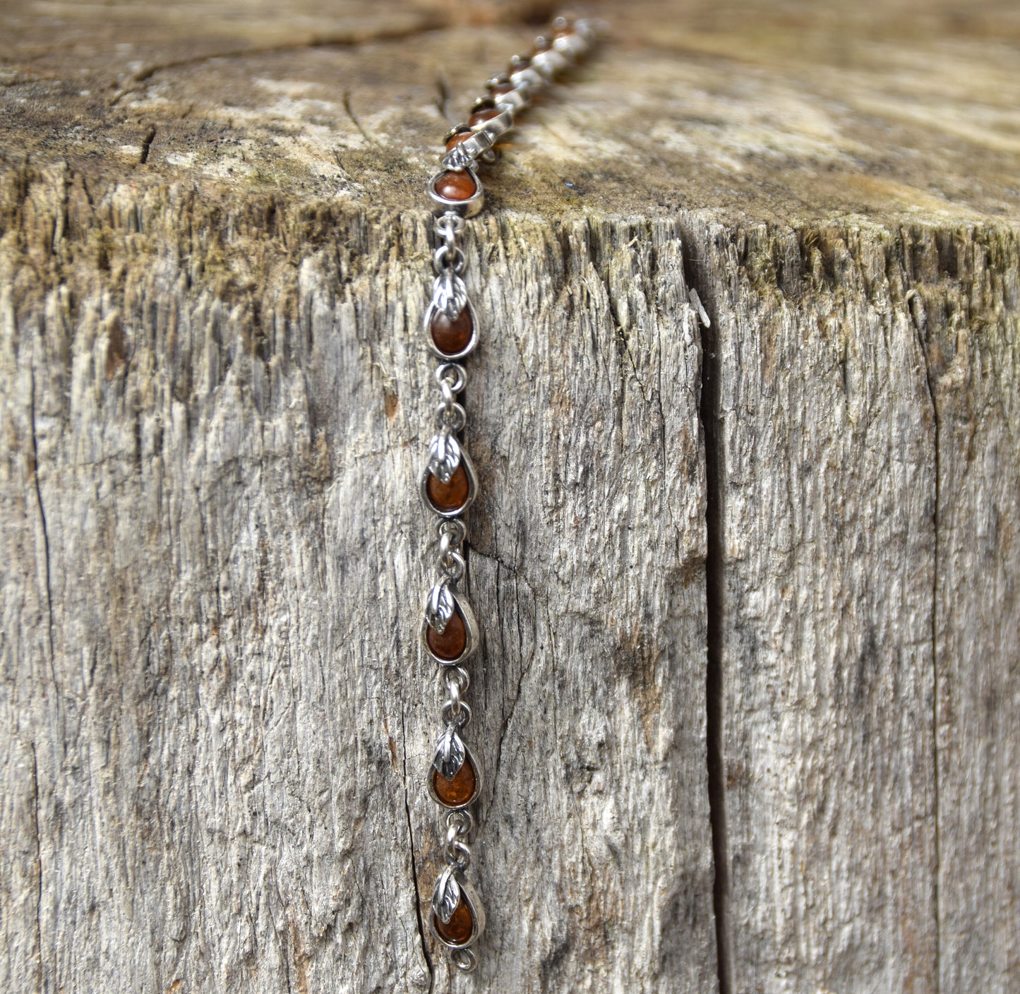 Delicate vintage style bracelet with floral embellishment in natural cognac Amber and Sterling Silver 925, MJ Baltica, BB039