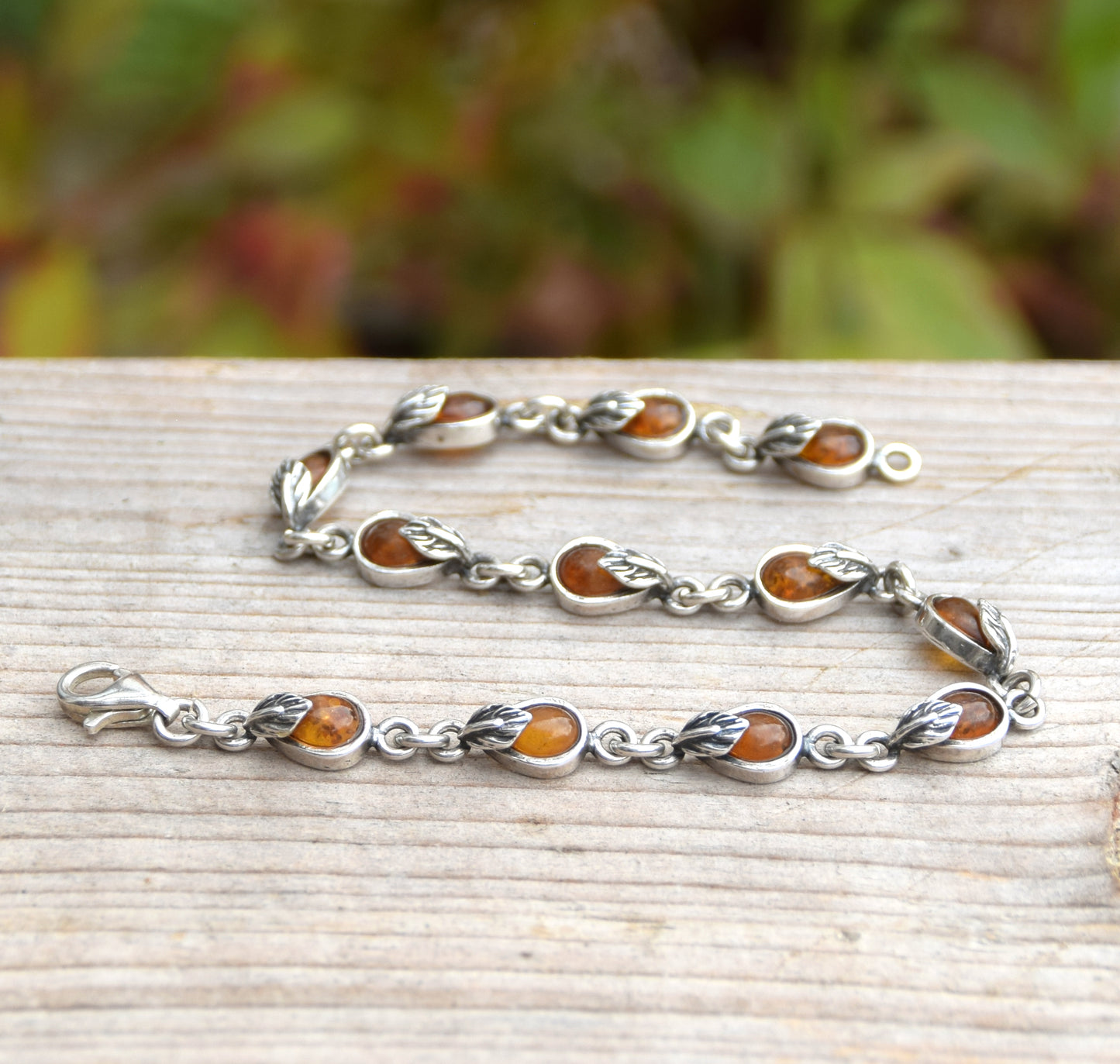 Delicate vintage style bracelet with floral embellishment in natural cognac Amber and Sterling Silver 925, MJ Baltica, BB039