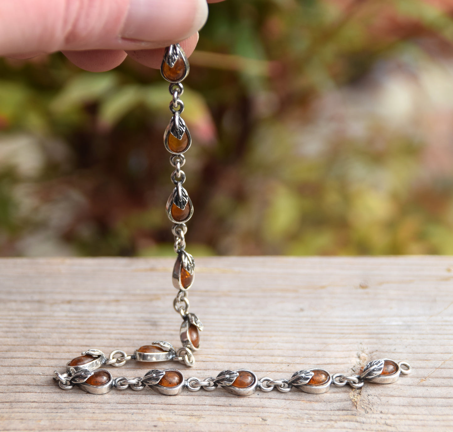 Delicate vintage style bracelet with floral embellishment in natural cognac Amber and Sterling Silver 925, MJ Baltica, BB039