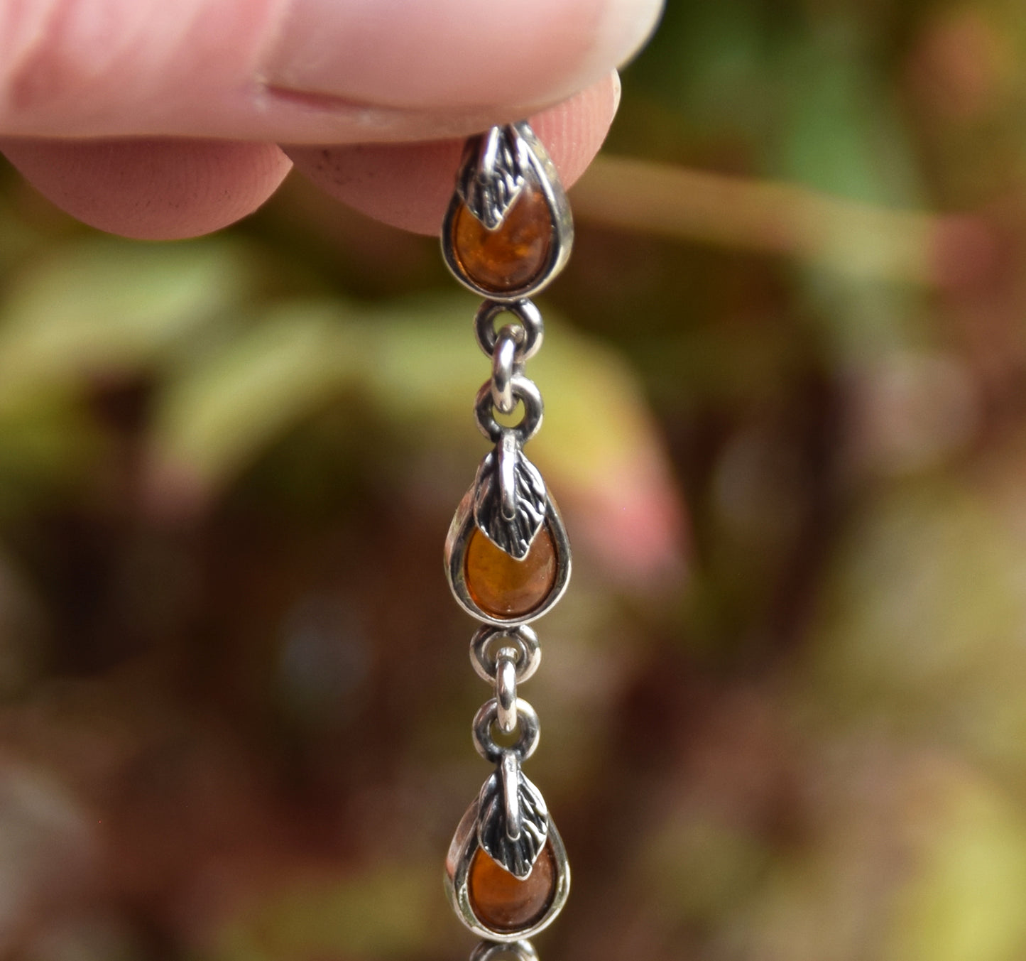 Delicate vintage style bracelet with floral embellishment in natural cognac Amber and Sterling Silver 925, MJ Baltica, BB039