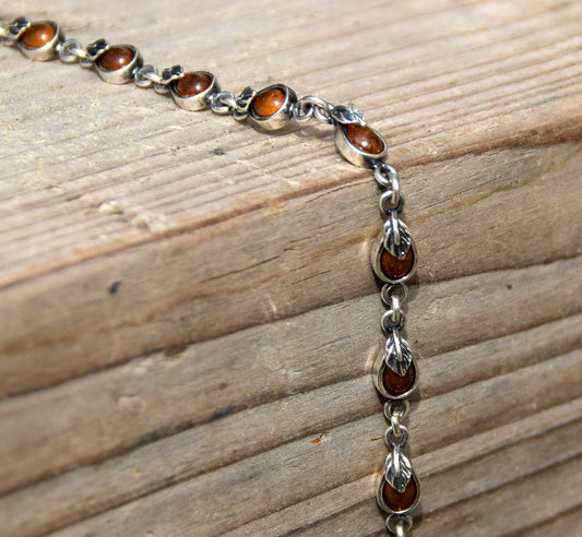 Delicate vintage style bracelet with floral embellishment in natural cognac Amber and Sterling Silver 925, MJ Baltica, BB039