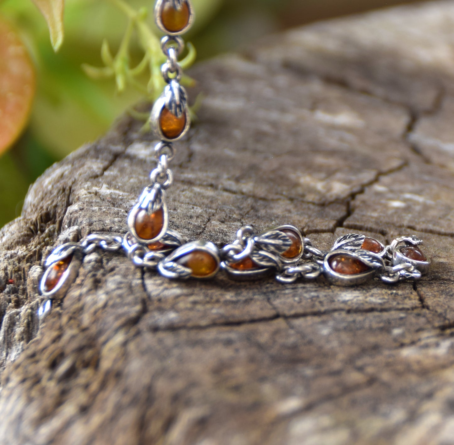 Delicate vintage style bracelet with floral embellishment in natural cognac Amber and Sterling Silver 925, MJ Baltica, BB039