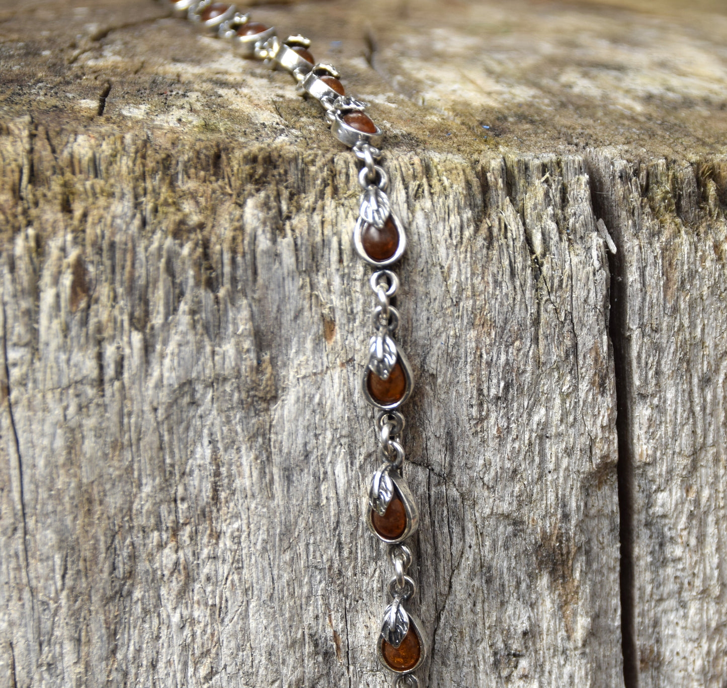 Delicate vintage style bracelet with floral embellishment in natural cognac Amber and Sterling Silver 925, MJ Baltica, BB039
