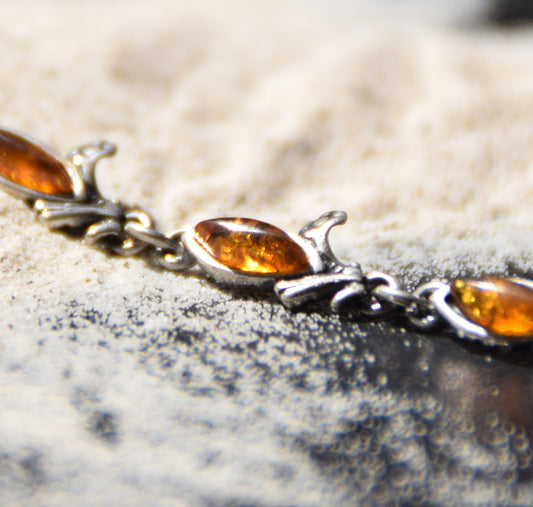 MJ Baltica, bracciale, Ambra naturale Baltica, Argento 925, luminoso, elegante, artigianale, cognac, vintage, BB040