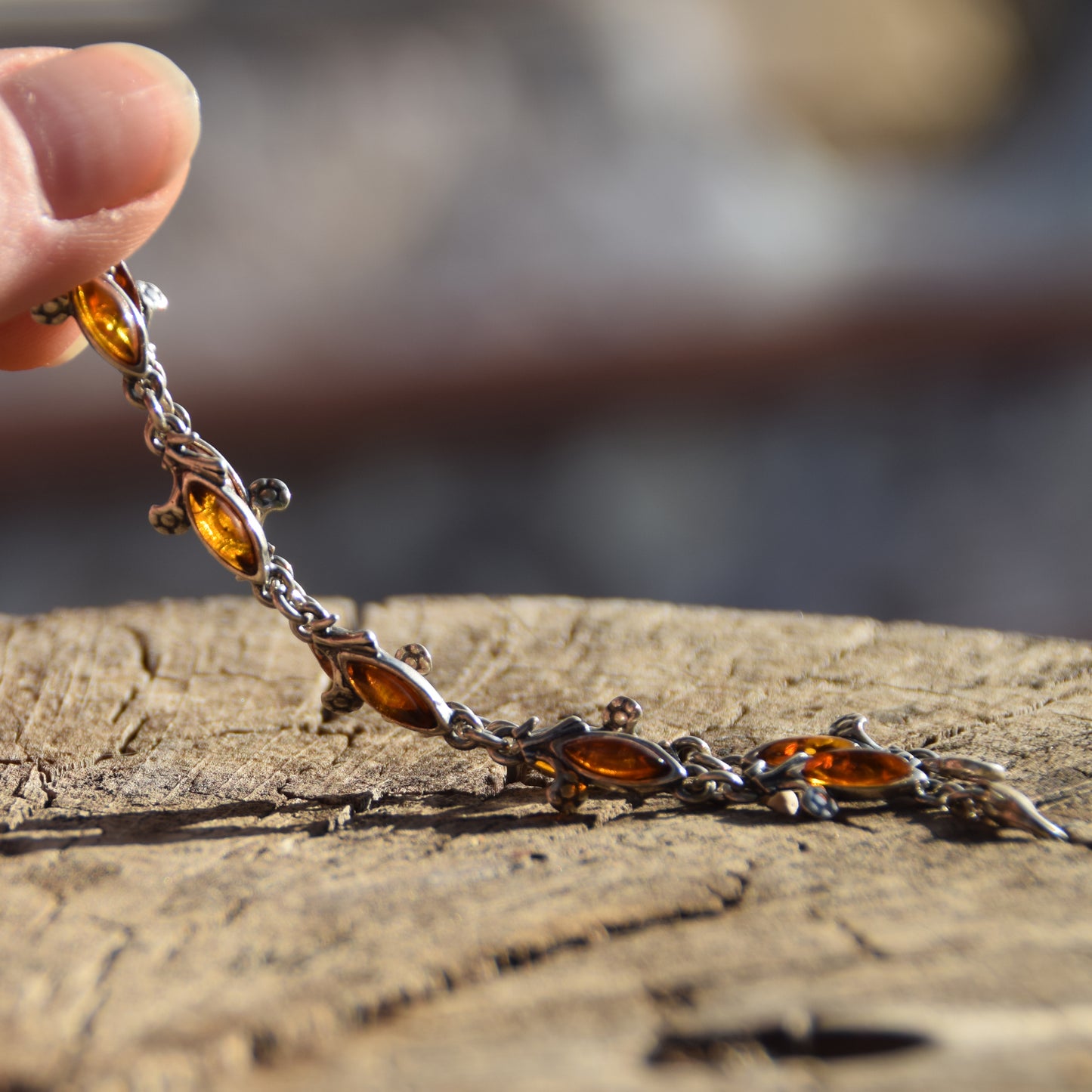 Delicate vintage style bracelet with floral decoration in natural cognac amber and 925 sterling silver, MJ Baltica, BB040