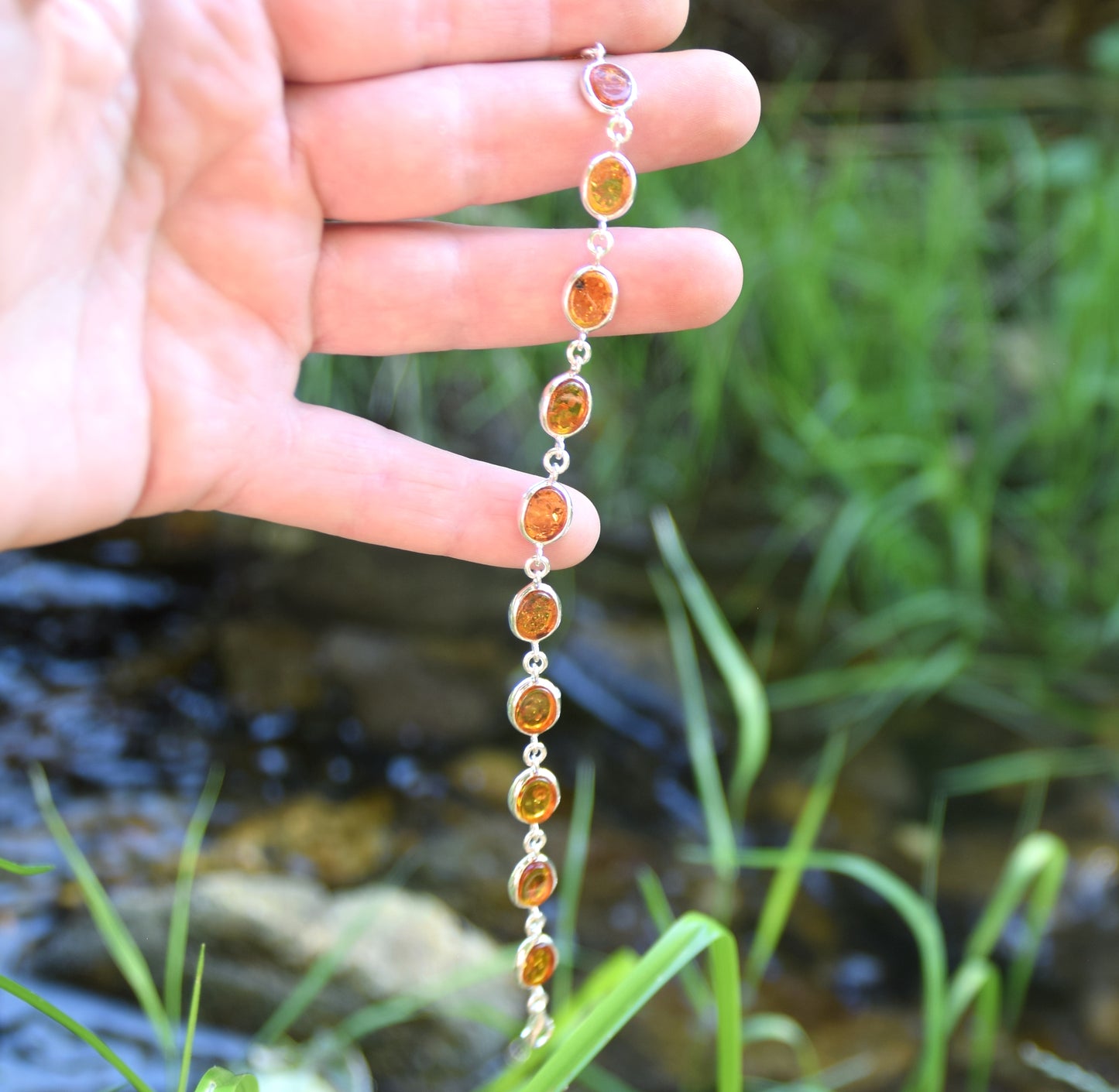 MJ Baltica, bracelet, natural Baltic amber, 925 silver, bright, elegant, handcrafted, cognac, BB042