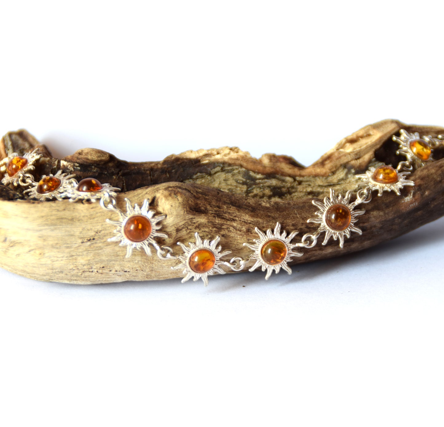 MJ Baltica, bracelet, natural Baltic amber, 925 silver, bright, elegant, handcrafted, cognac, suns, BB058