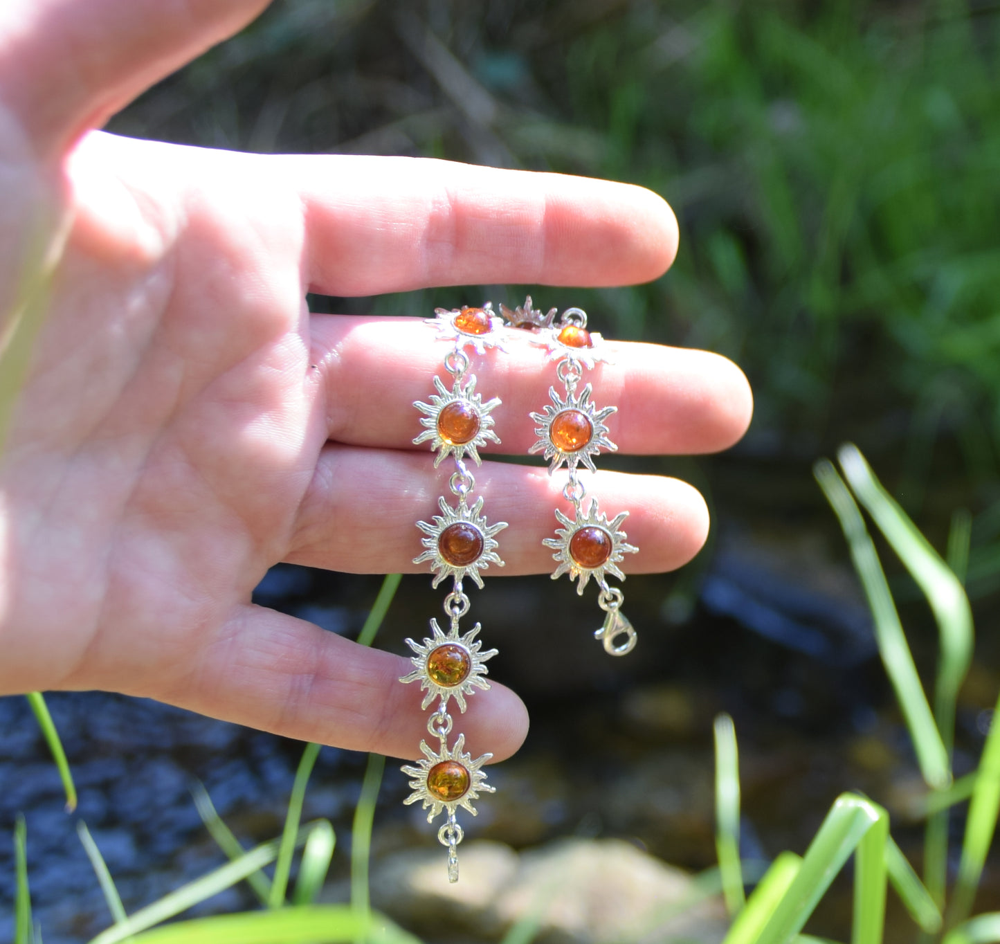 MJ Baltica, bracelet, natural Baltic amber, 925 silver, bright, elegant, handcrafted, cognac, suns, BB058