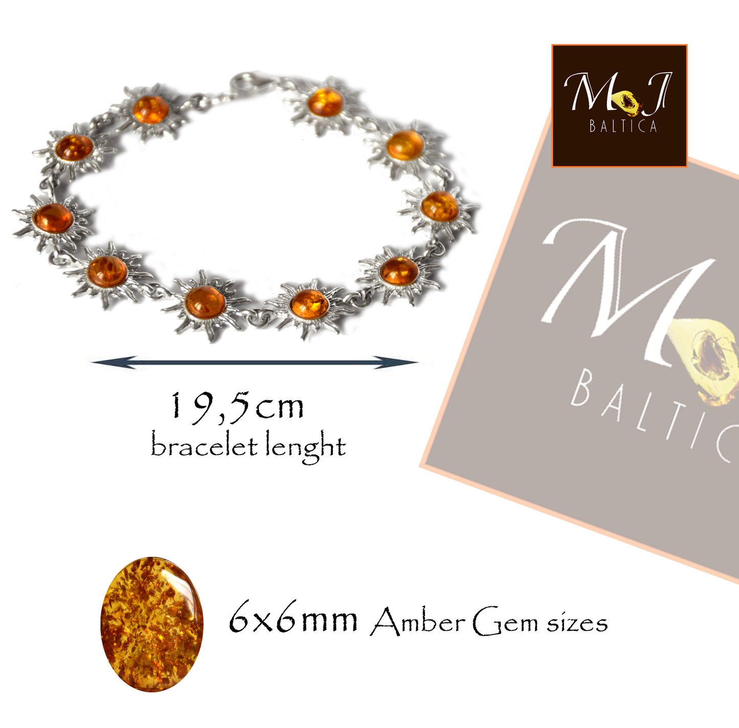 MJ Baltica, bracelet, natural Baltic amber, 925 silver, bright, elegant, handcrafted, cognac, suns, BB058