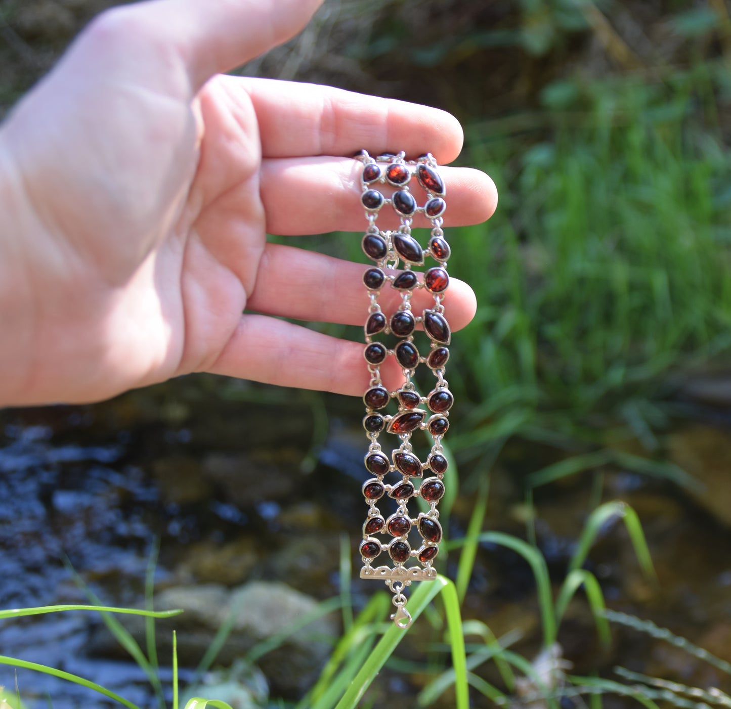 MJ Baltica, bracelet, natural Baltic amber, 925 silver, black cherry amber, strong, massive, large, adjustable, BB062