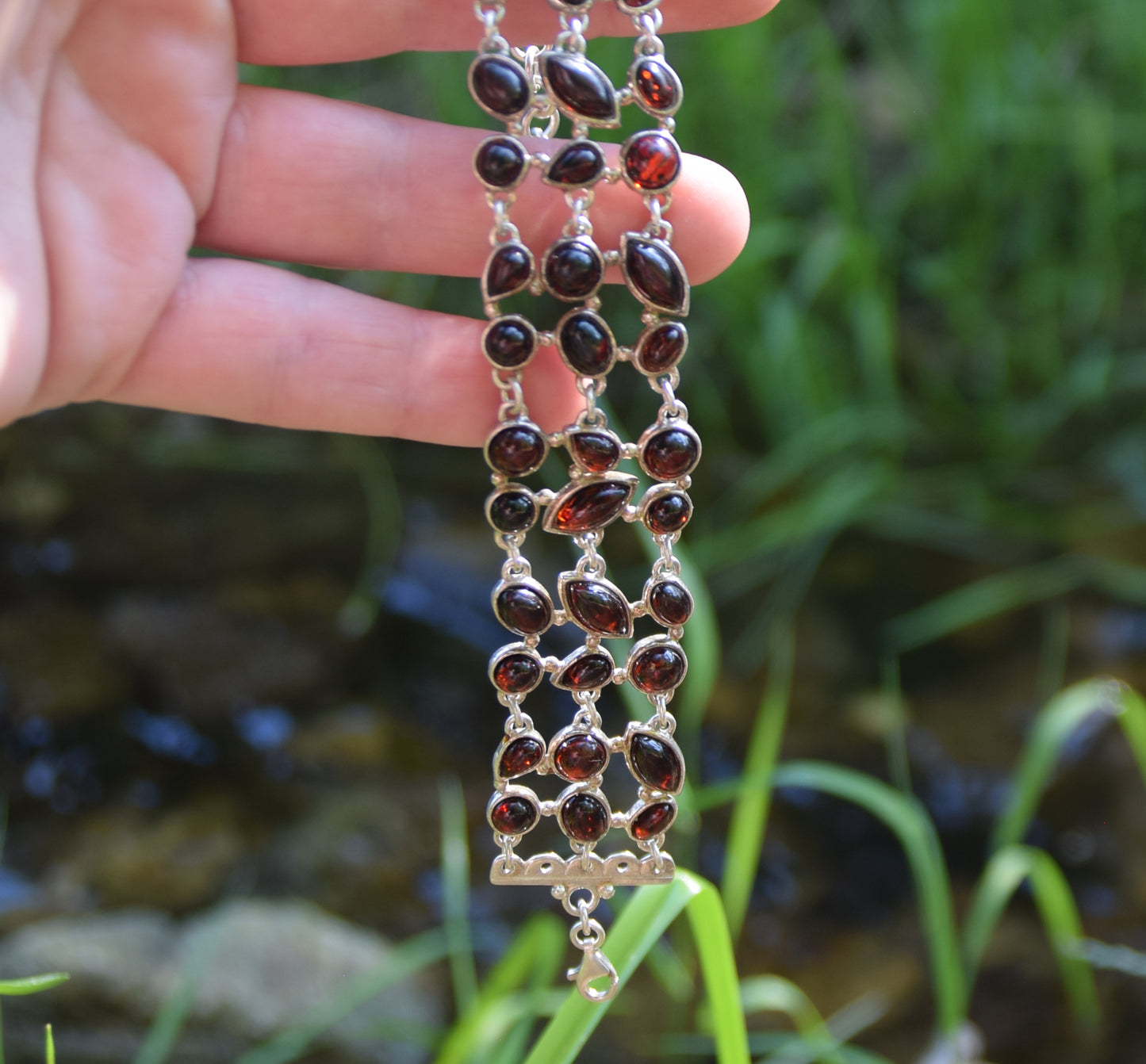 MJ Baltica, bracelet, natural Baltic amber, 925 silver, black cherry amber, strong, massive, large, adjustable, BB062