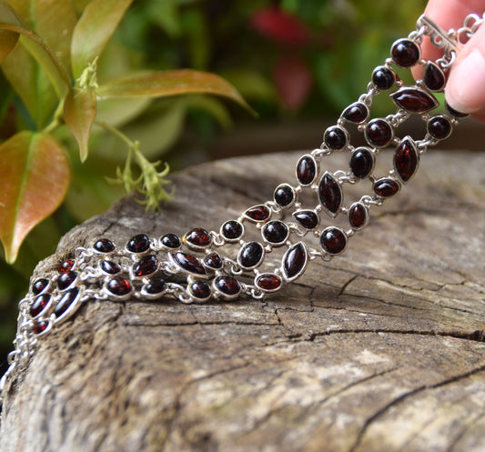 High cuff bracelet with gem mosaic created with dark brown natural amber and 925 silver, MJ Baltica, BB062