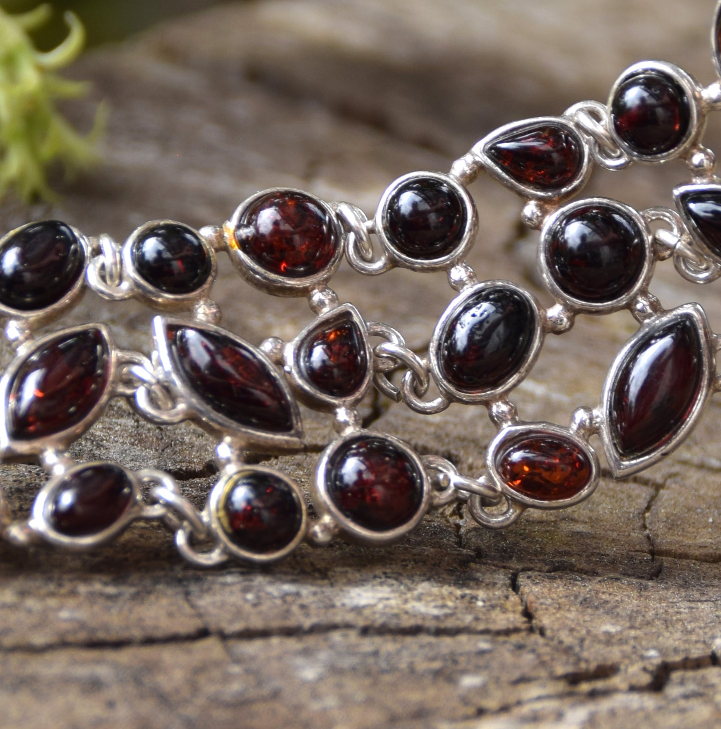 High cuff bracelet with gem mosaic created with dark brown natural amber and 925 silver, MJ Baltica, BB062